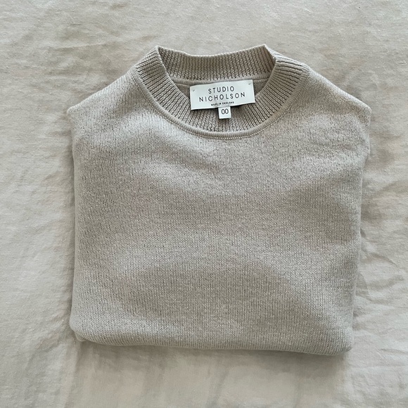 STUDIO NICHOLSON Washed Extra Fine Merino Crew Neck Essential Sweater in Dove - Picture 3 of 8